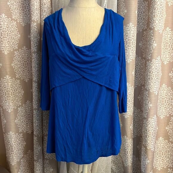 Fashion to Figure Blue Ribbed Cross Front Top – 3/4 Sleeves – Plus Size - Picture 1 of 5